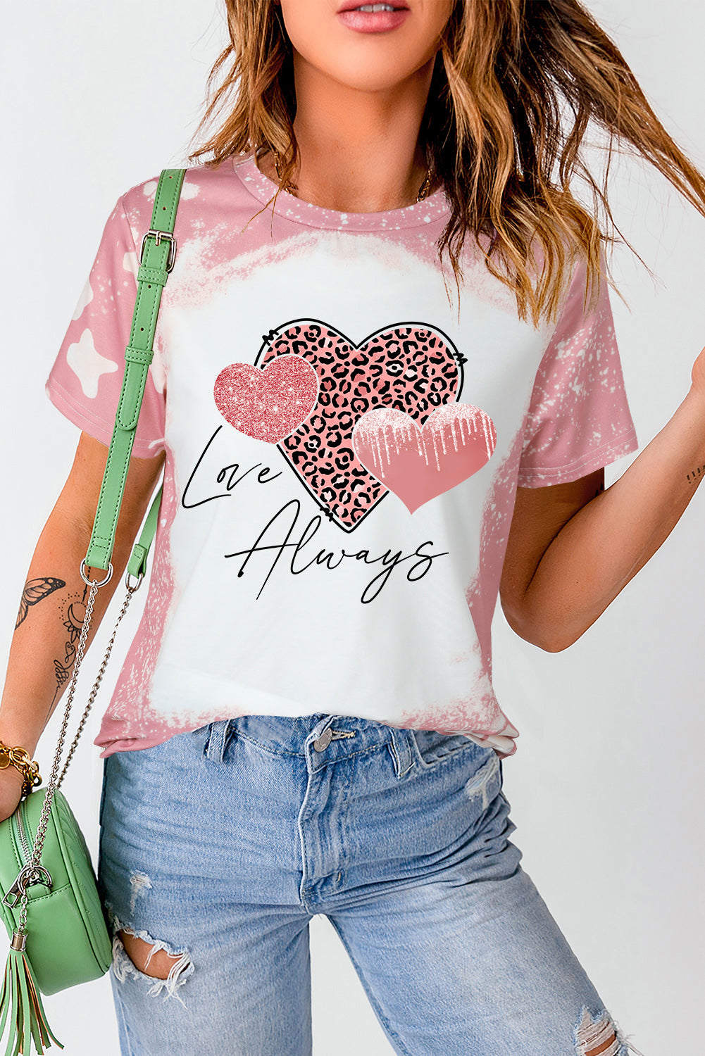 Pink Love Always Heart Leopard Bleached Graphic T Shirt Graphic Tees JT's Designer Fashion