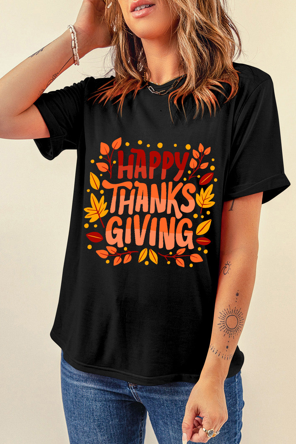 Black Happy Thanksgiving Leaves Print Crew Neck T Shirt Graphic Tees JT's Designer Fashion