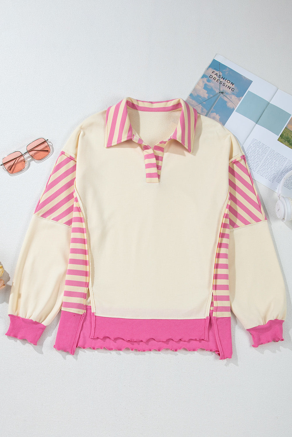 Pink Stripe Colorblock Patchwork Collared French Terry Knit Top Blouses & Shirts JT's Designer Fashion