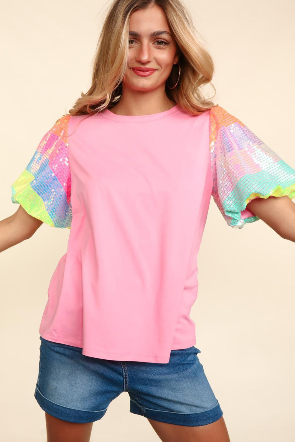 Pink Sequin Colorblock Striped Puff Sleeve Top Tops & Tees JT's Designer Fashion