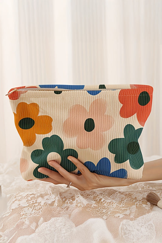 White Floral Print Corduroy Minimalist Storage Bag Makeup Bags JT's Designer Fashion