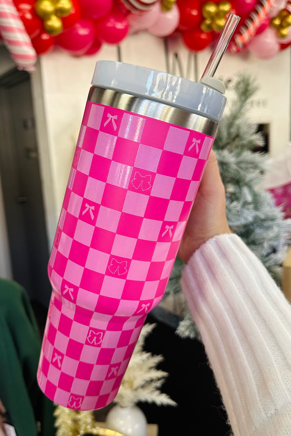 Bright Pink Bow Knot Checkered Print Large Stainless Steel Tumbler Tumblers JT's Designer Fashion