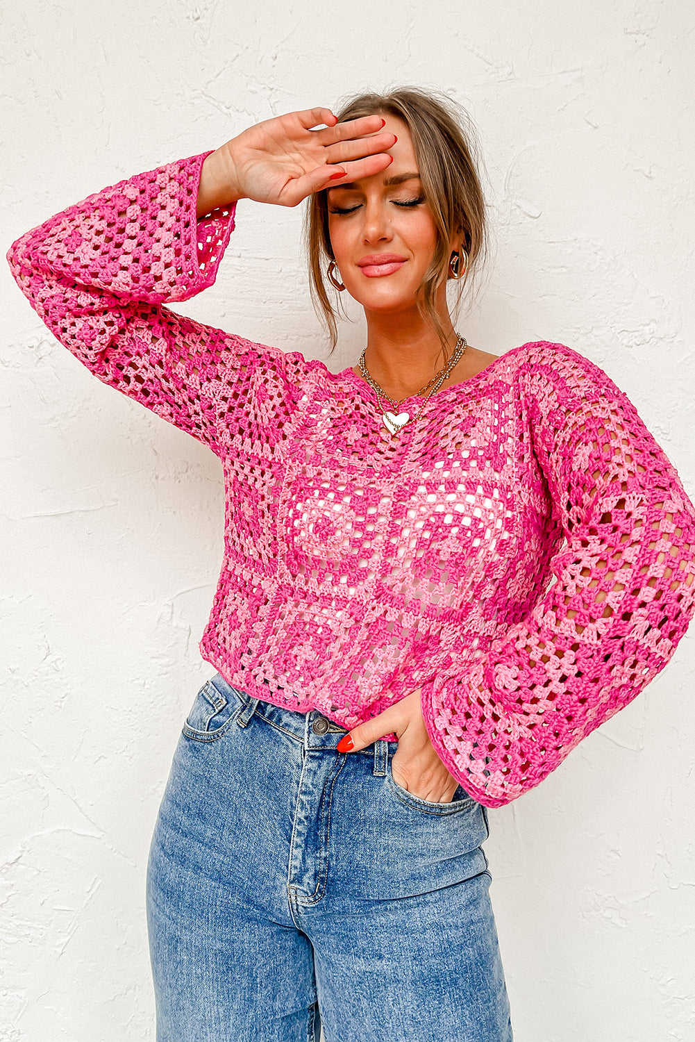 Pink Geometric Pattern Pointelle Crochet Long Sleeve Top Pre Order Sweaters & Cardigans JT's Designer Fashion