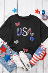 Black Sequin USA Bow Graphic Independence Day T Shirt Graphic Tees JT's Designer Fashion