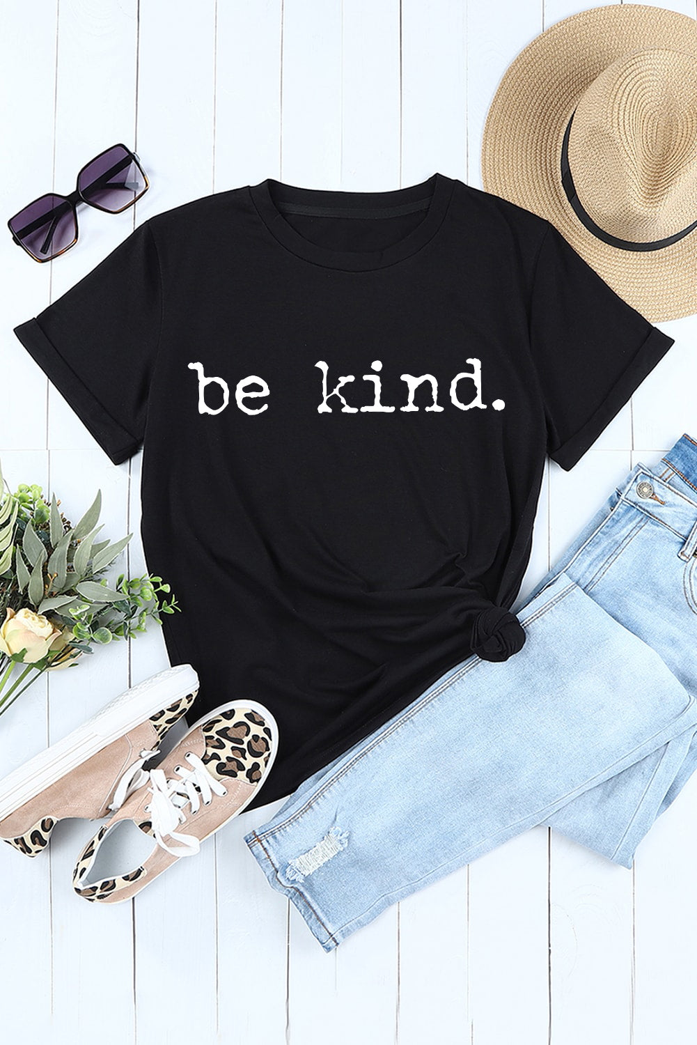 Black be kind Letter Print Round Neck Casual T Shirt Graphic Tees JT's Designer Fashion