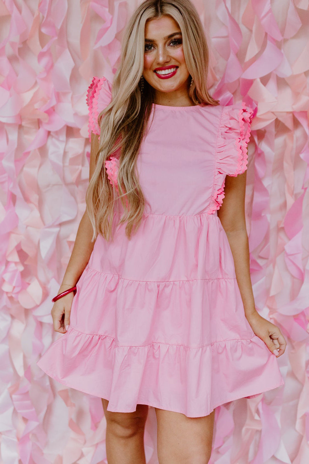 Pink Scalloped Flutter Sleeve Tiered Ruffled Mini Dress Dresses JT's Designer Fashion