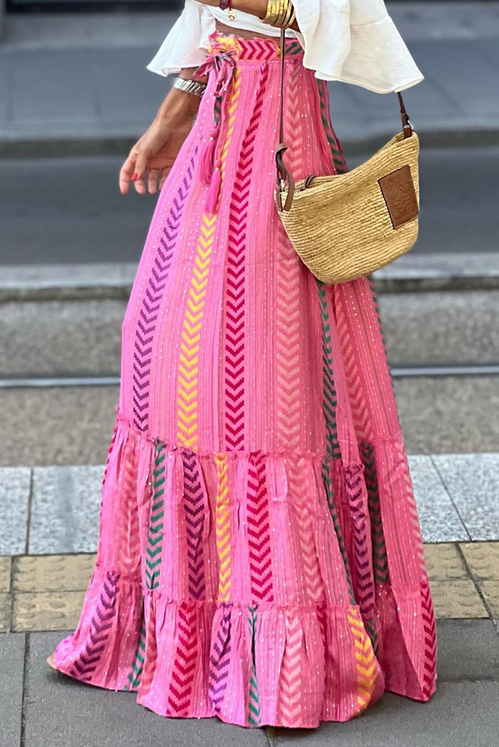 Pink Boho Printed Tasseled Drawstring Ruffled Maxi Skirt Bottoms JT's Designer Fashion