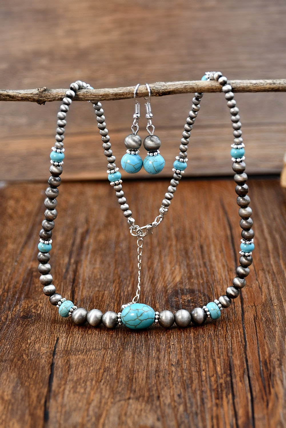 Silvery Western Turquoise Beaded Necklace and Earring Set Jewelry JT's Designer Fashion