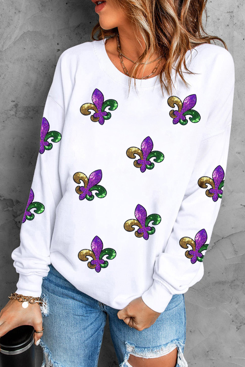 White Fleur De Lis Sequin Patched Graphic Drop Shoulder Sweatshirt Graphic Sweatshirts JT's Designer Fashion