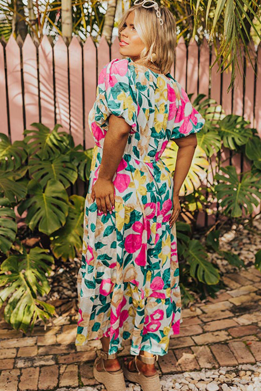 Multicolour Floral Puff Sleeve Notched Neck Plus Size Maxi Dress Plus Size JT's Designer Fashion