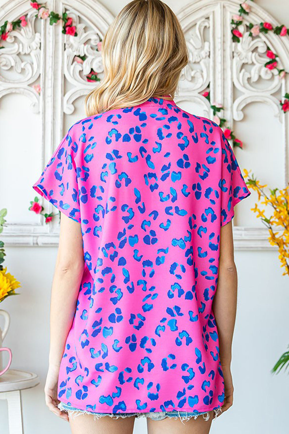 Rose Contrast Leopard Print Plus Size V Neck Blouse Pre Order Plus Size JT's Designer Fashion