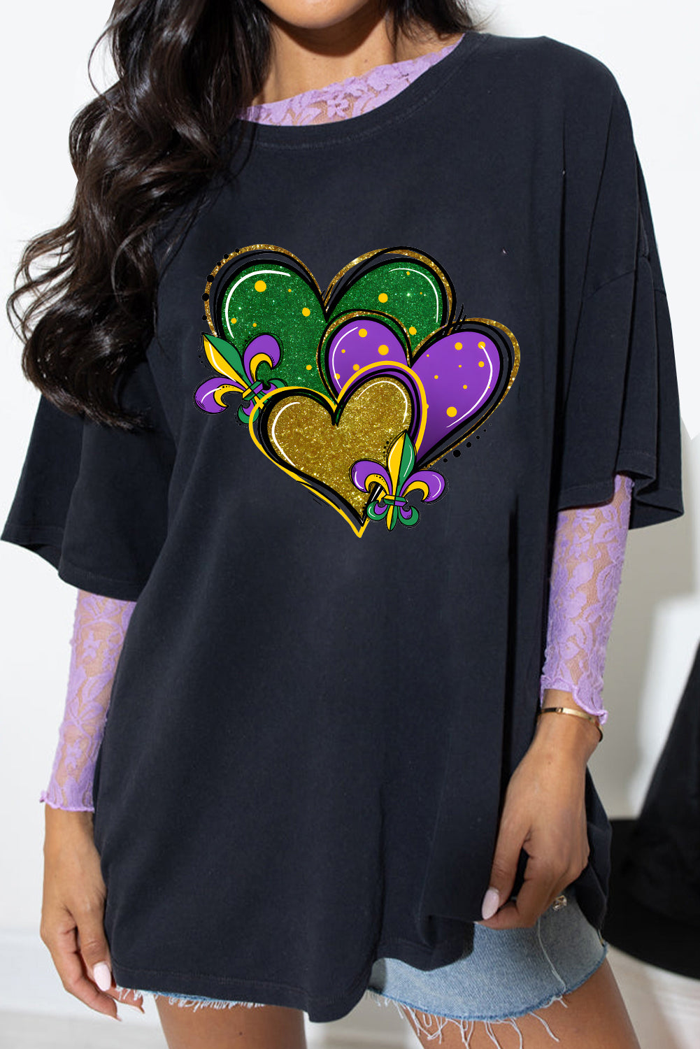 Black Fleur de Lis Heart Printed Mardi Gras T Shirt Graphic Tees JT's Designer Fashion