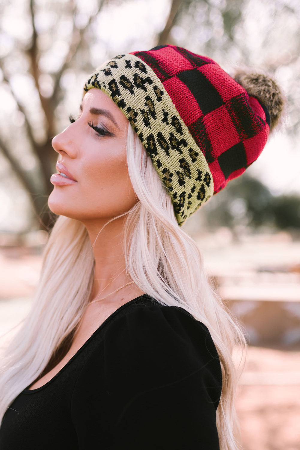 Red Plaid Leopard Brim Knit Beanie Hat Hats & Caps JT's Designer Fashion