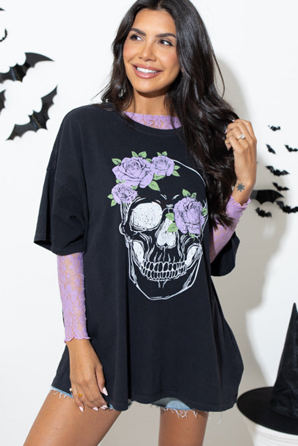 Black Floral Skull Graphic Halloween Tunic T Shirt Graphic Tees JT's Designer Fashion