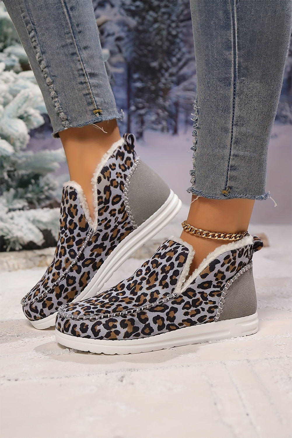 Dark Grey Leopard Print Ankle Patched Flat Winter Fur Boots Women's Shoes JT's Designer Fashion