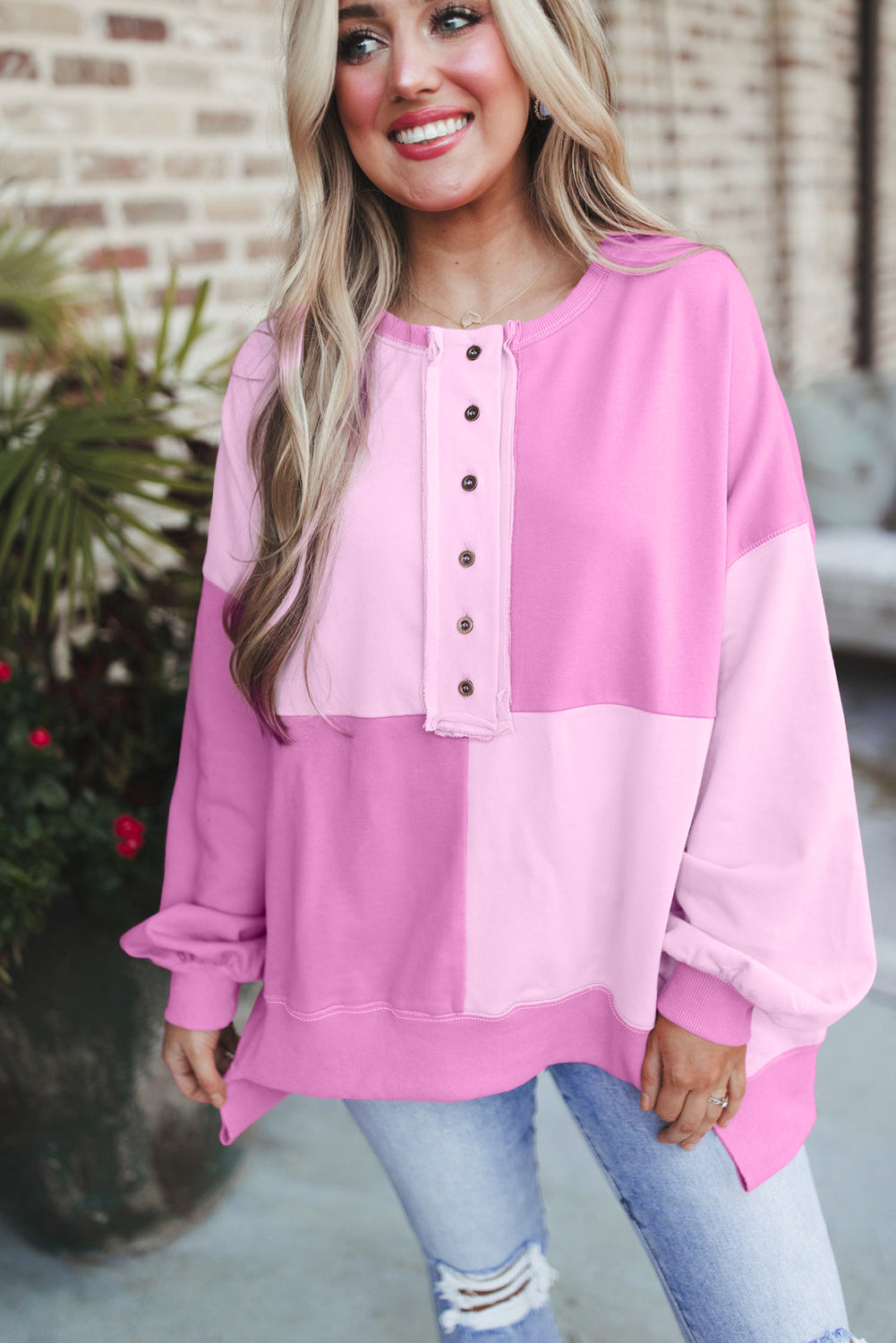 Pink Colorblock Henley High Low Oversize Sweatshirt Sweatshirts & Hoodies JT's Designer Fashion