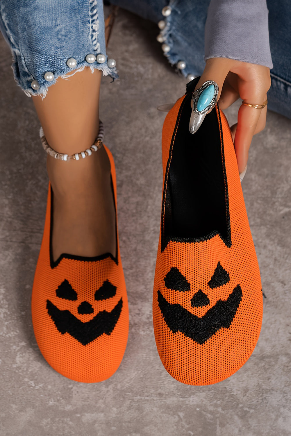 Orange Halloween Pumpkin Face Slip On Flats Women's Shoes JT's Designer Fashion