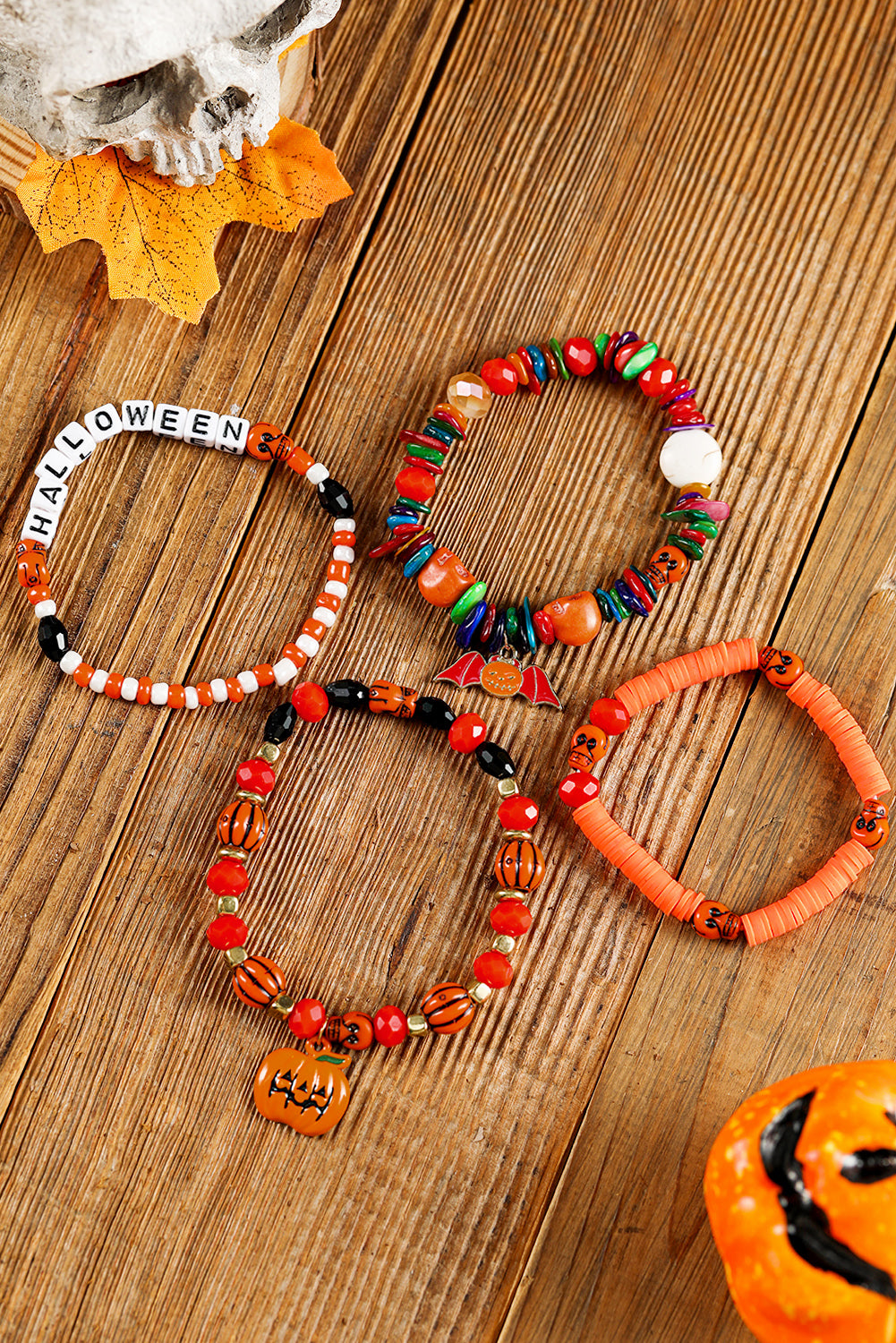 Orange 4pcs Halloween Pumpkin Bat Spider Bracelet Set Jewelry JT's Designer Fashion