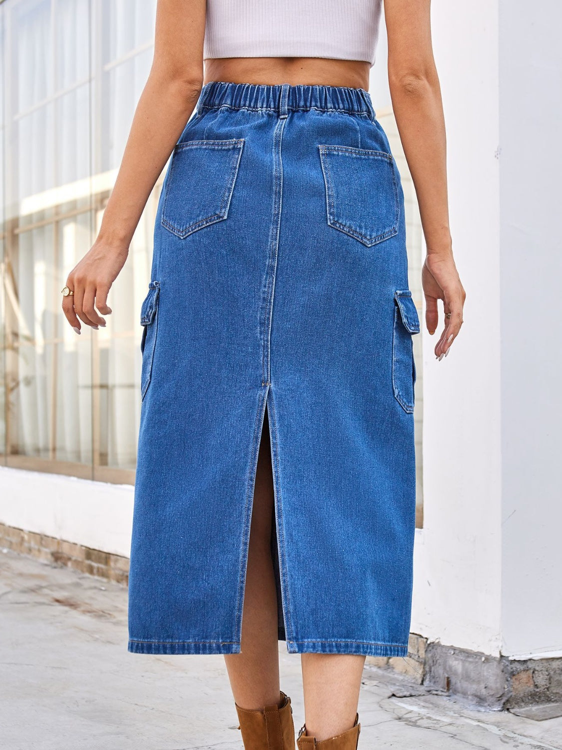 Slit Midi Denim Skirt with Pockets JT's Designer Fashion