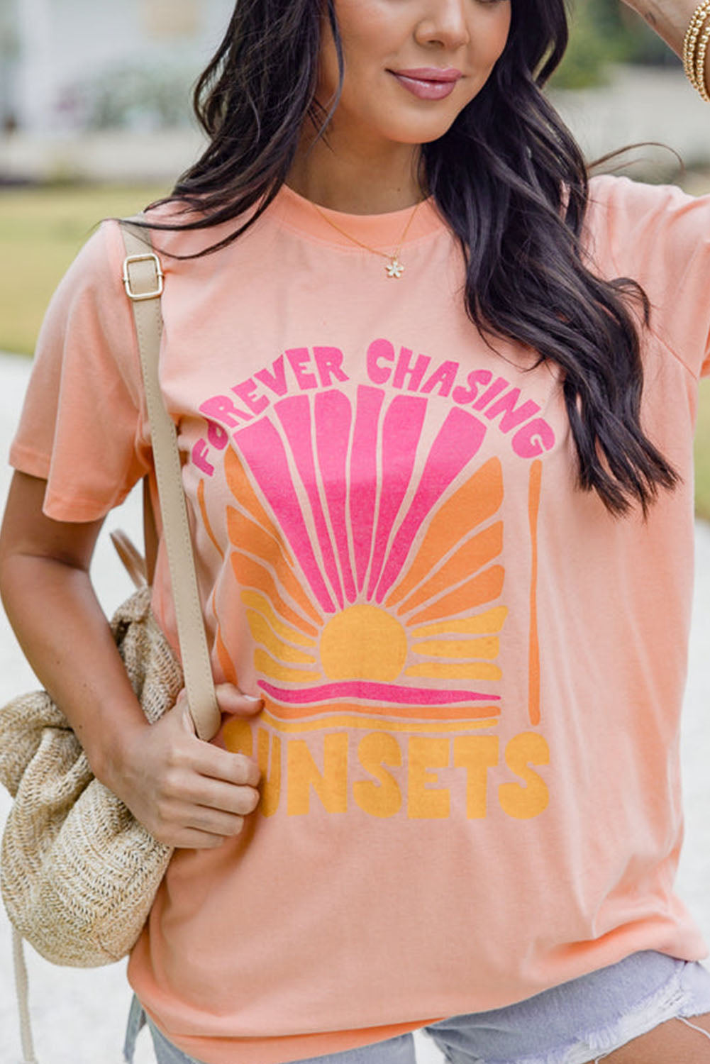 Pink FOREVER CHASING SUNSET Graphic T Shirt Graphic Tees JT's Designer Fashion