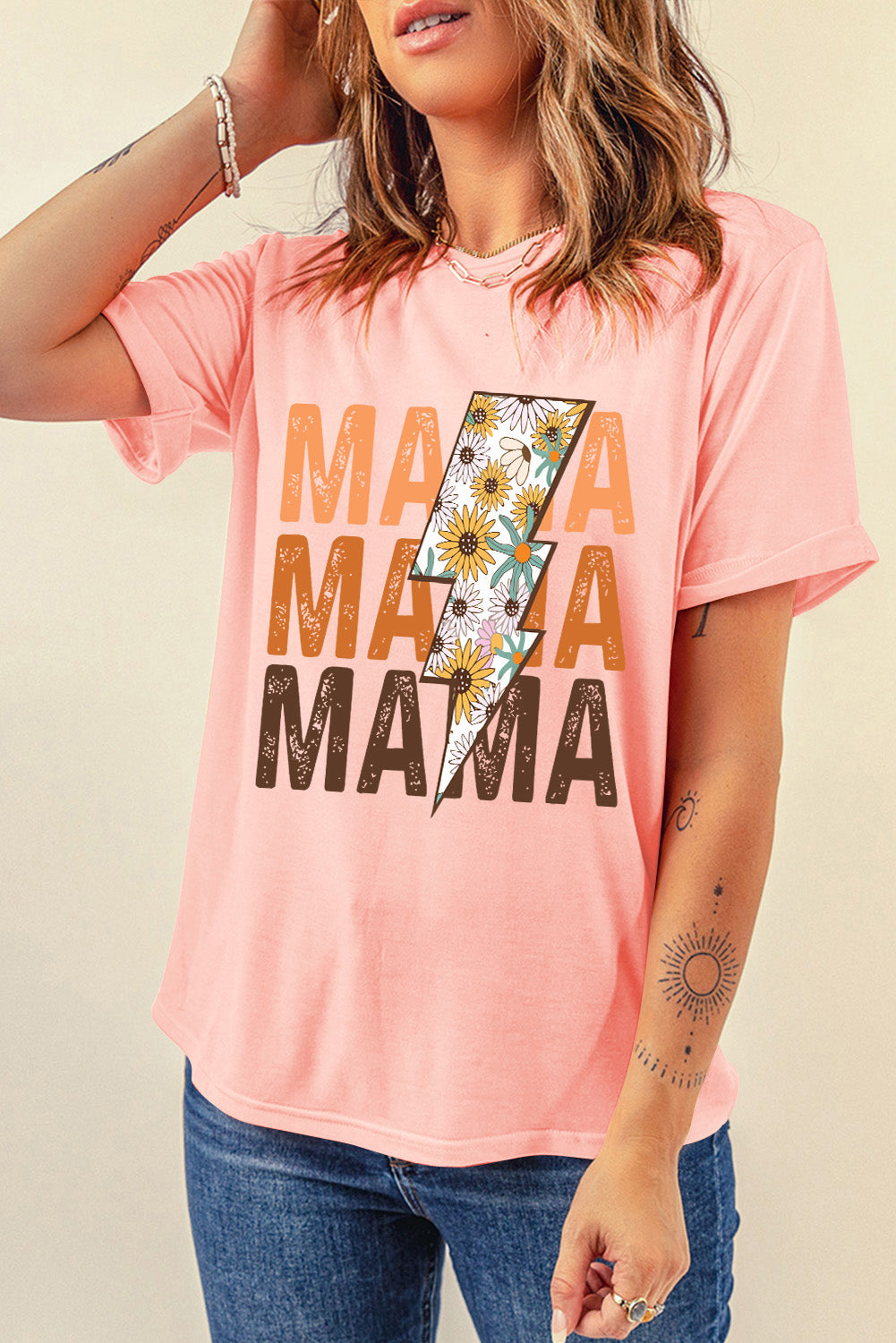 Pink MAMA Sunflower Bolt Graphic T Shirt Graphic Tees JT's Designer Fashion