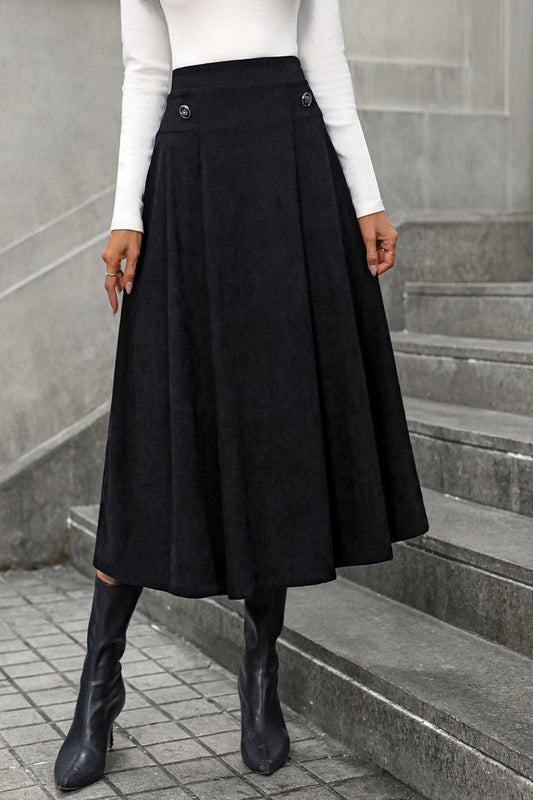 Decorative Button Ruched Midi Skirt Black Skirts & Petticoat JT's Designer Fashion