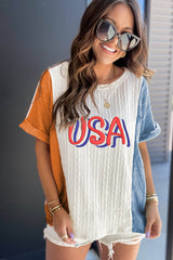 Light Blue USA Embroidered Cable Textured Knit Cuffed Sleeve Colorblock Tee Graphic Tees JT's Designer Fashion