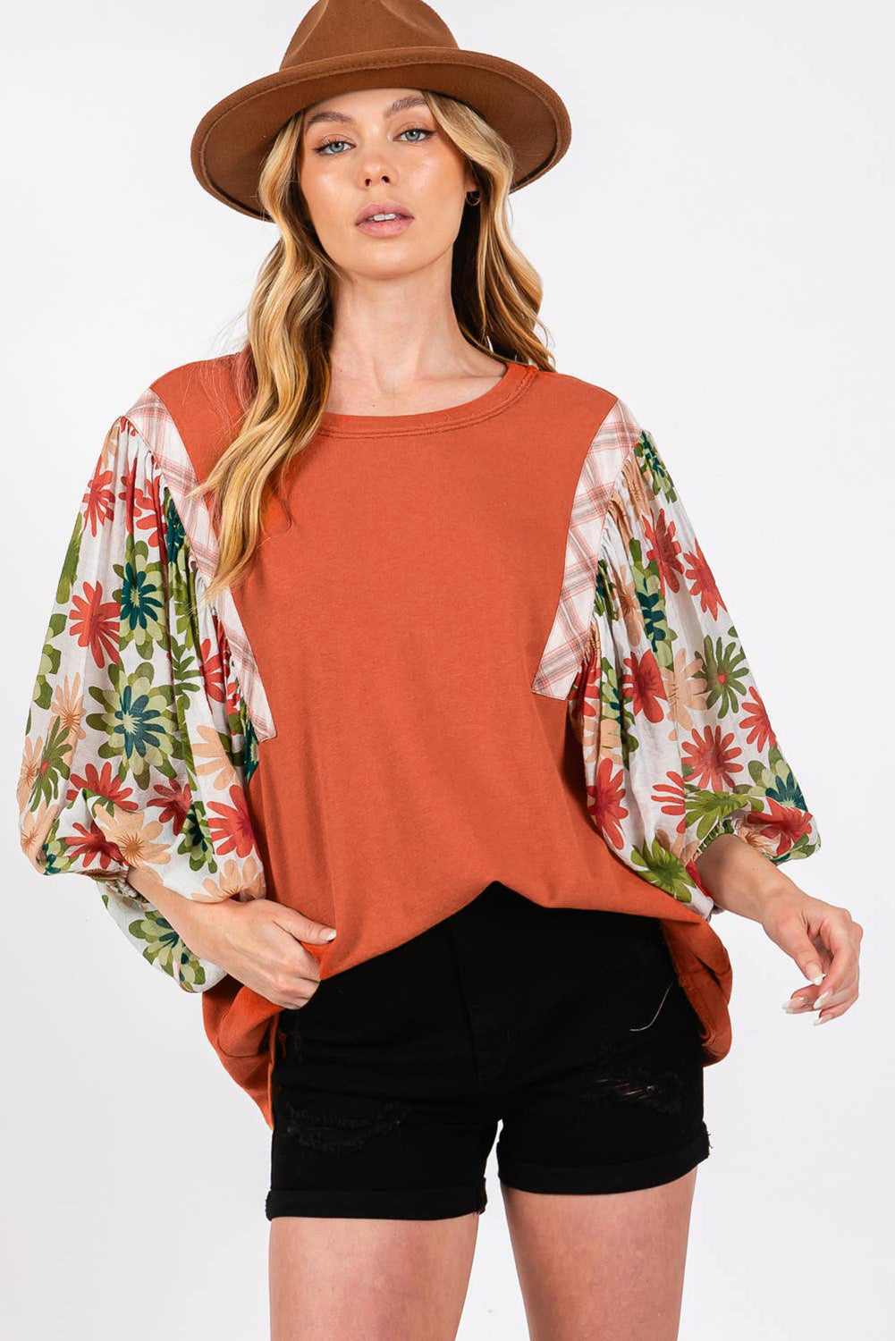 Desert Gold Floral Puff Sleeve Patchwork Round Neck Blouse Blouses & Shirts JT's Designer Fashion