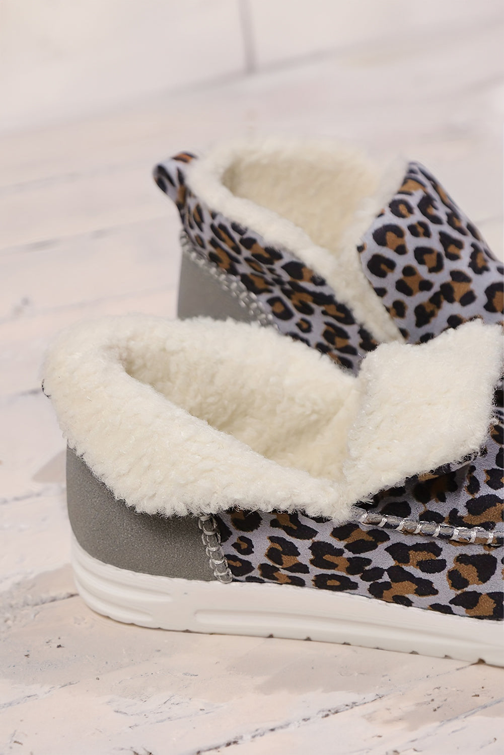 Dark Grey Leopard Print Ankle Patched Flat Winter Fur Boots Women's Shoes JT's Designer Fashion