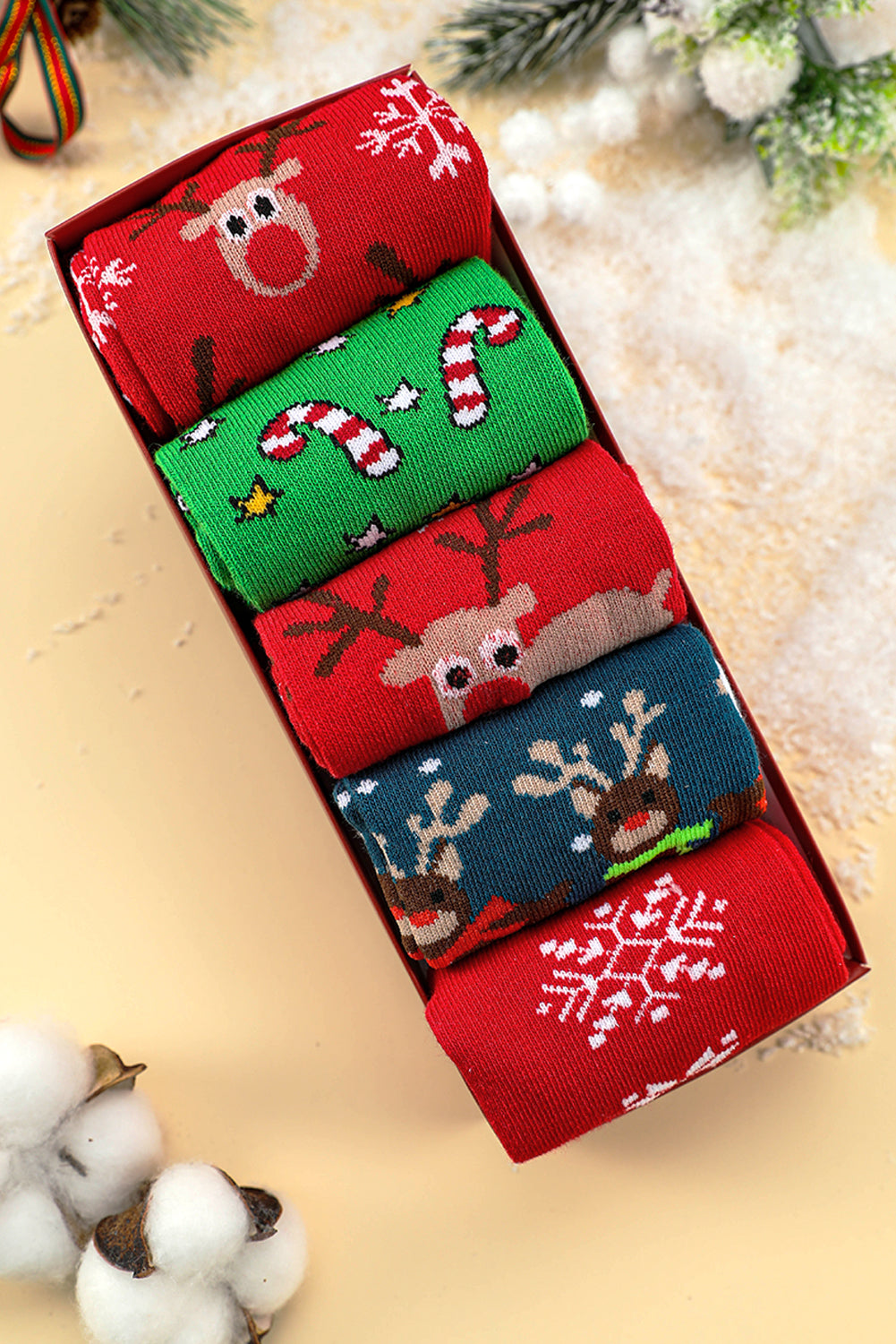 Fiery Red 5 Pairs/Set Christmas Cartoon Elk Soft Socks Set with Box Socks JT's Designer Fashion