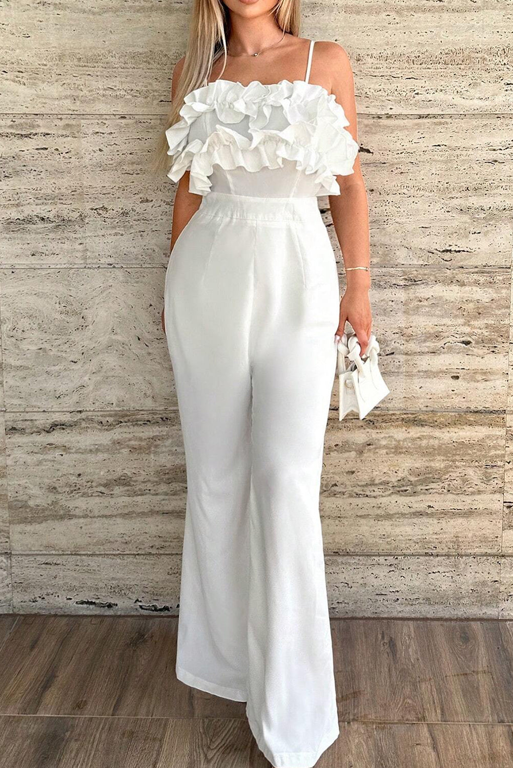 White Ruffle Trim Cami Jumpsuit Pre Order Bottoms JT's Designer Fashion