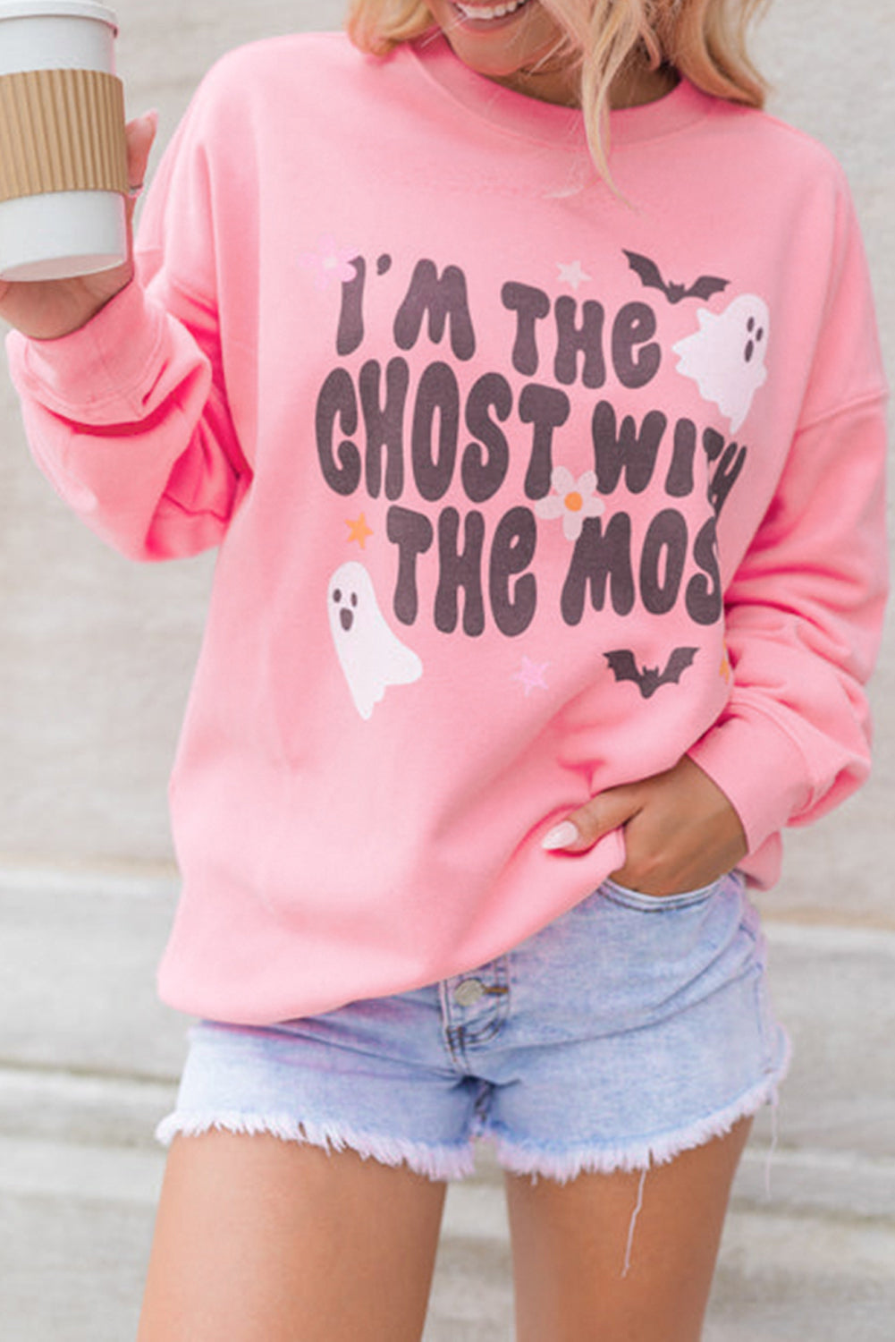 Pink Halloween Slogan Ghost Bat Graphic Drop Shoulder Sweatshirt Pink 50%Polyester+50%Cotton Graphic Sweatshirts JT's Designer Fashion