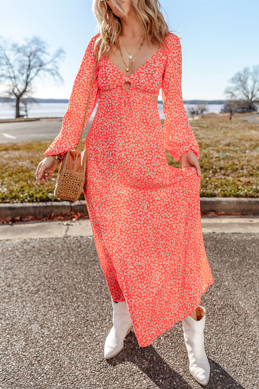 Red Floral Long Puff Sleeve V Neck Hollow Out Dress Floral Dresses JT's Designer Fashion