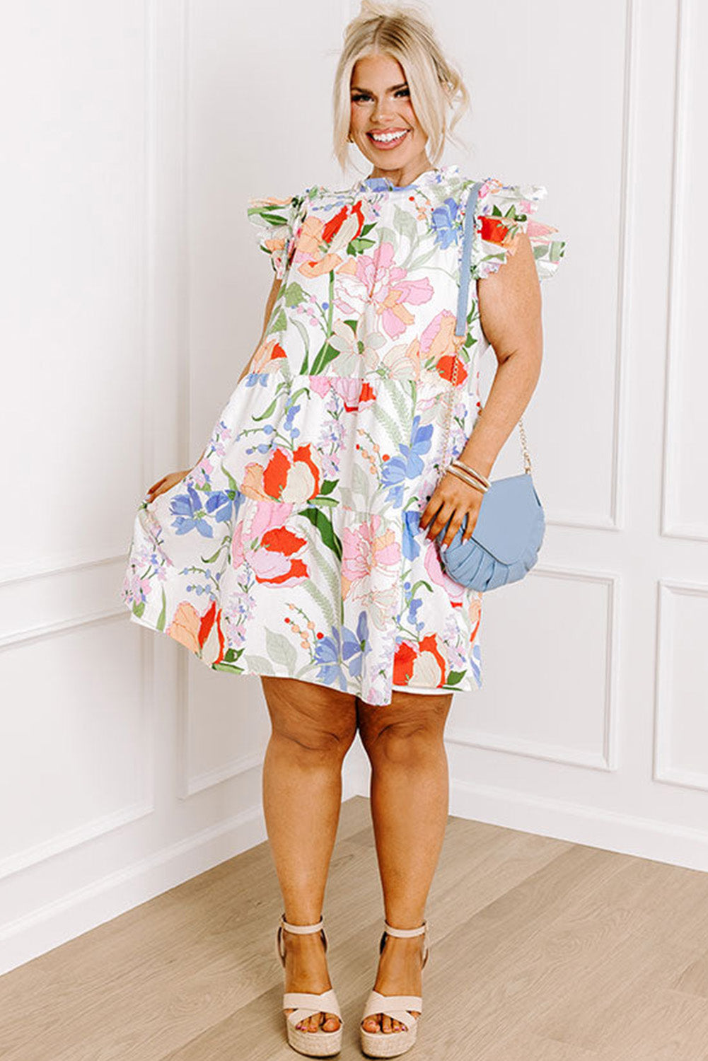 White Plus Ruffled Sleeve Tiered Floral Dress Plus Size JT's Designer Fashion