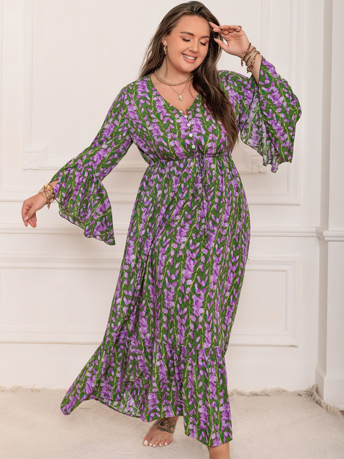 Plus Size Printed V-Neck Long Sleeve Maxi Dress Mauve Maxi Dresses JT's Designer Fashion