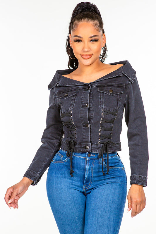 Off Shoulder Lace Up Denim Jacket Black Coats & Jackets JT's Designer Fashion