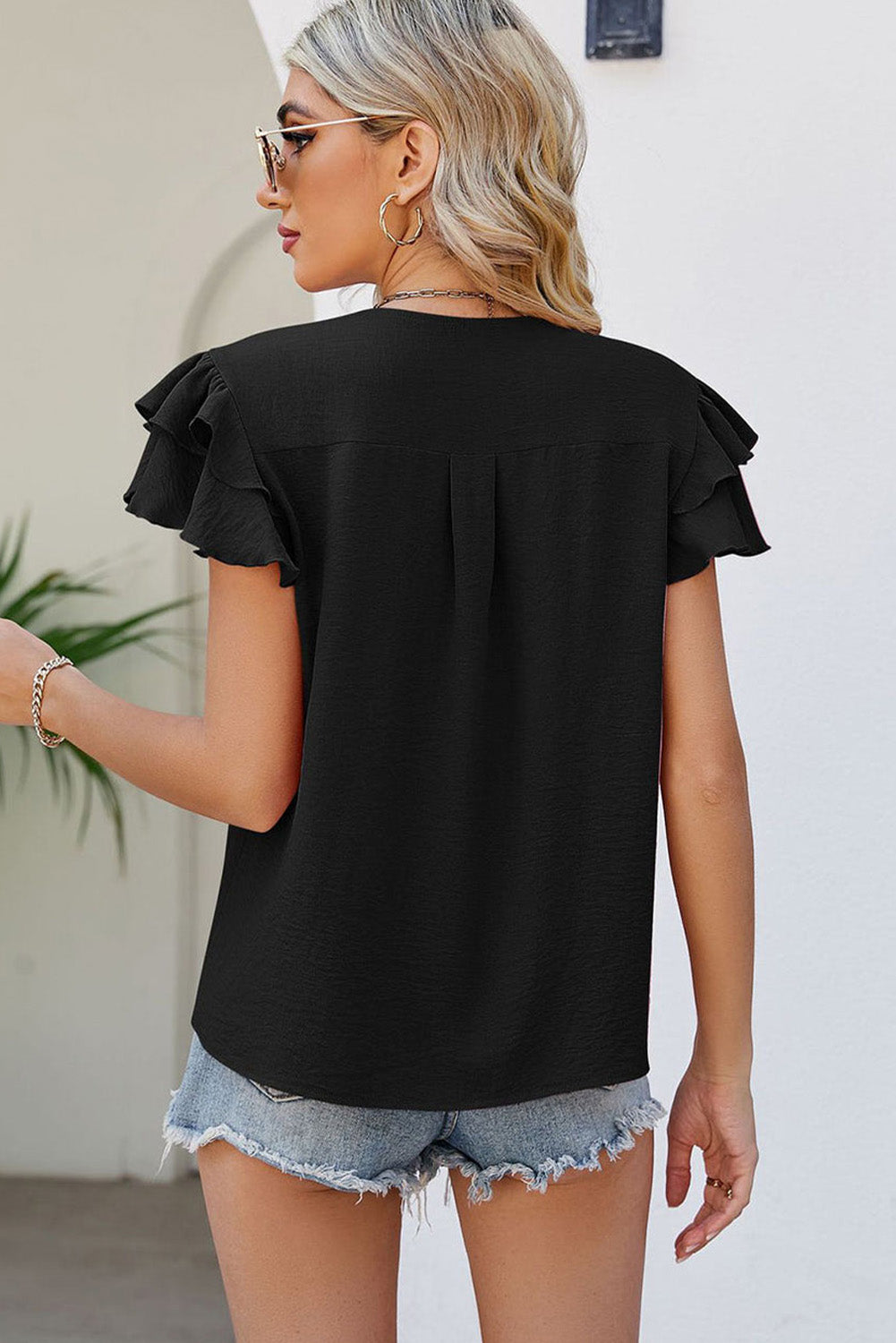 Black Ruffled Short Sleeve V Neck Plus Size Blouse Plus Size JT's Designer Fashion