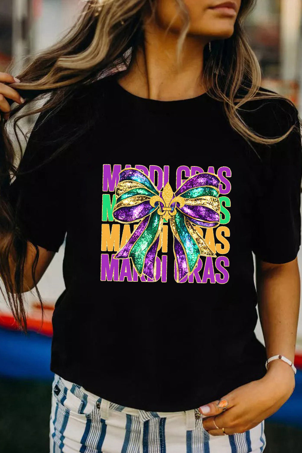 Black MARDI GRAS Fleur de Lis Bowknot Printed Crewneck Tee Graphic Tees JT's Designer Fashion