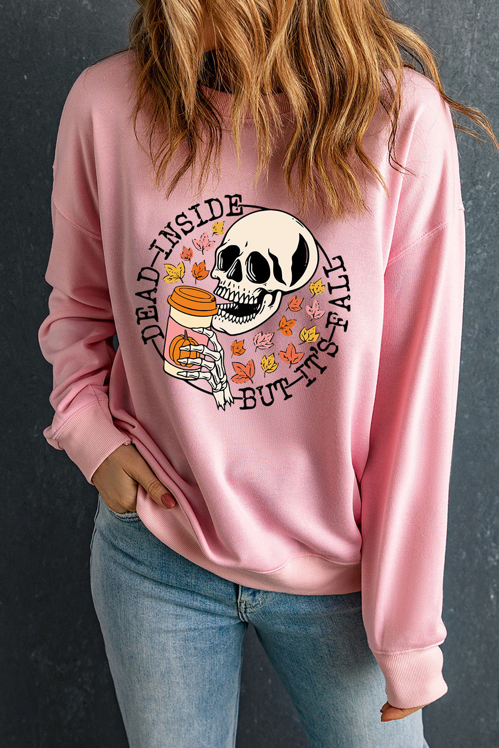 Pink Skull Slogan Print Crew Neck Sweatshirt Graphic Sweatshirts JT's Designer Fashion