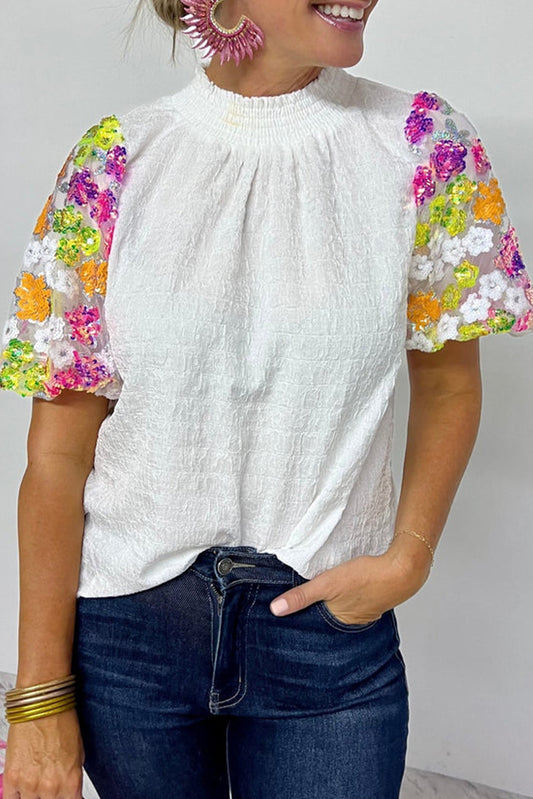 White Smocked Collar Sequin Flower Puff Sleeve Textured Top Tops & Tees JT's Designer Fashion