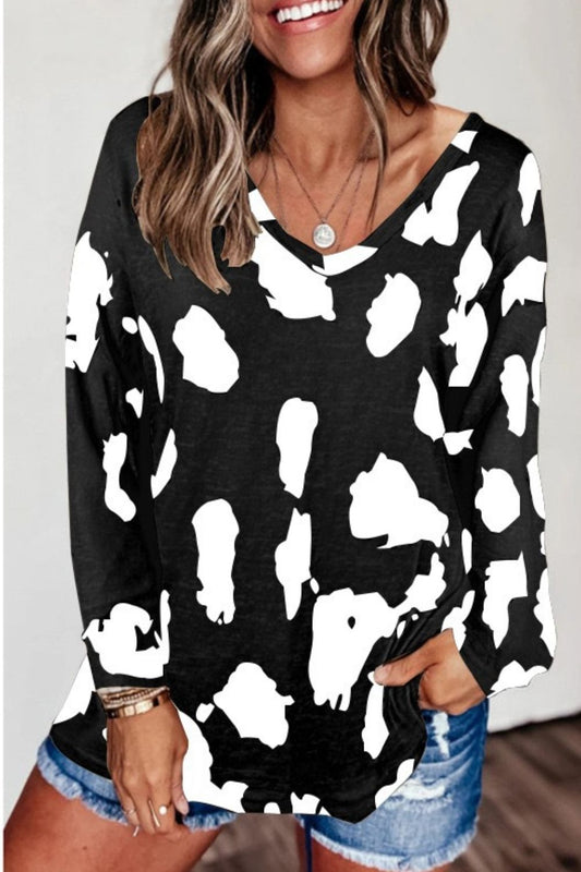 Full Size Printed V-Neck Long Sleeve Top Black Long Sleeve Tops JT's Designer Fashion