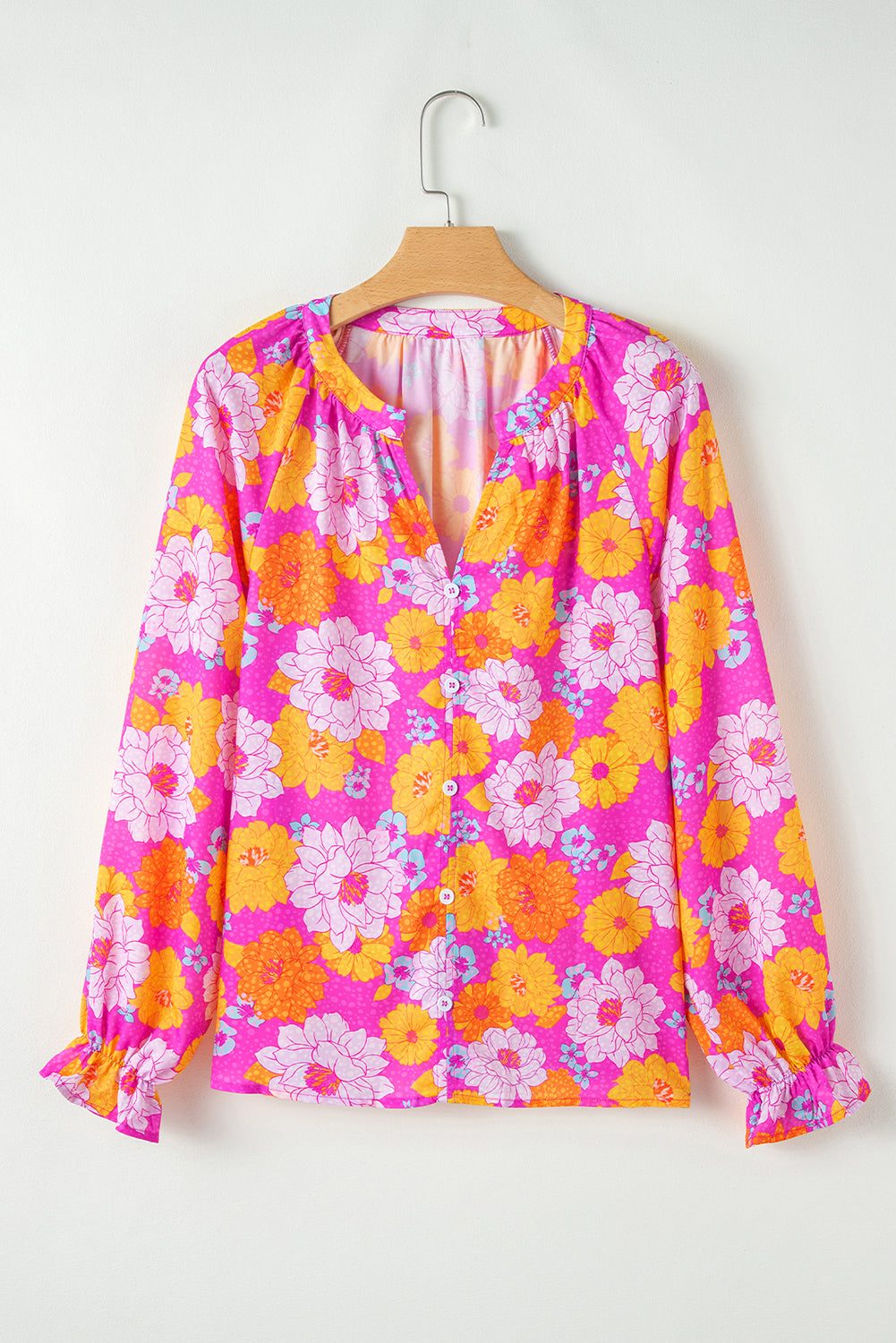 Rose Floral Print Flounce Sleeve Notched Neck Blouse Blouses & Shirts JT's Designer Fashion