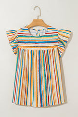 Multicolour Vibrant Stripes Printed Flutter Sleeve Babydoll Blouse Pre Order Tops JT's Designer Fashion