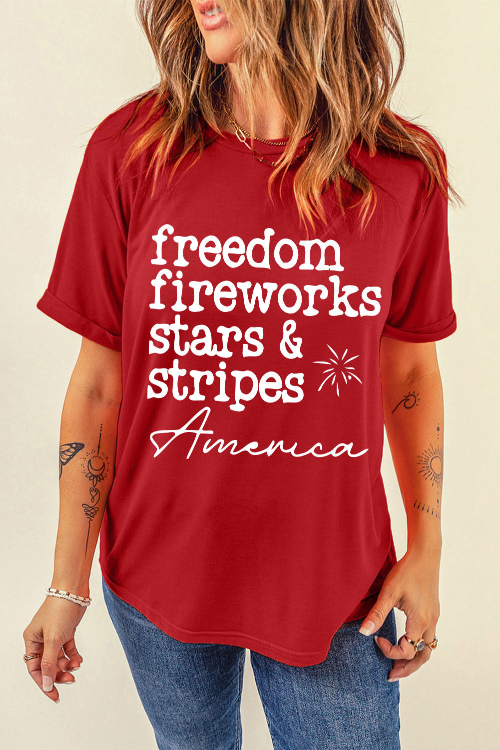 Fiery Red American Freedom Day Slogan Print T Shirt Graphic Tees JT's Designer Fashion