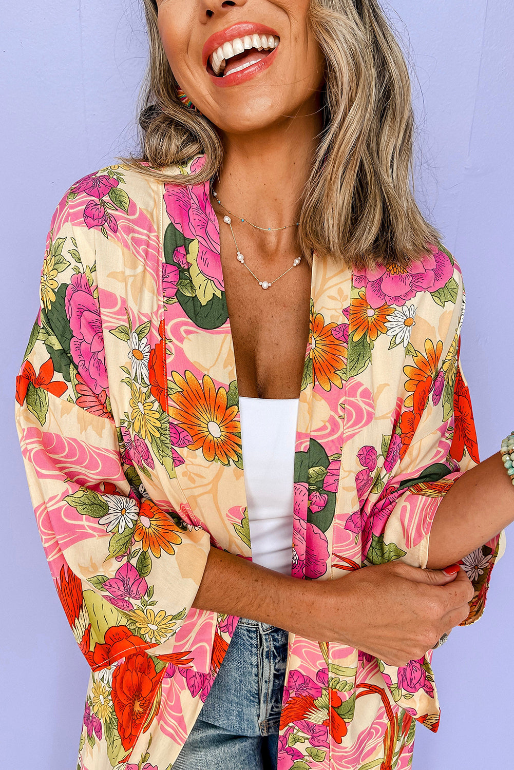 Pink Floral Allover Print Open Front Belted Duster Kimono Kimonos JT's Designer Fashion