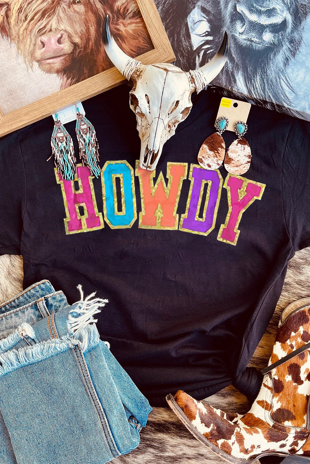 Black HOWDY Letters Graphic Tee Black 95%Polyester+5%Elastane Graphic Tees JT's Designer Fashion