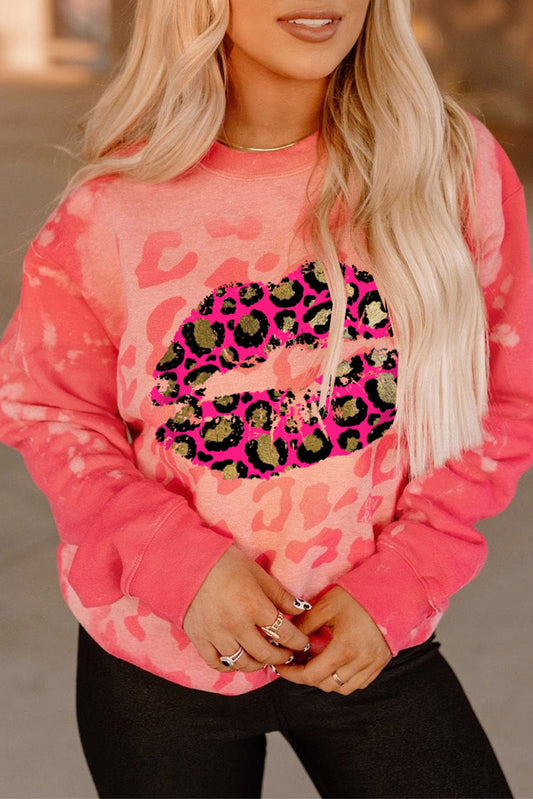 Pink Shining Leopard Lips Print Vintage Bleached Sweatshirt Graphic Sweatshirts JT's Designer Fashion