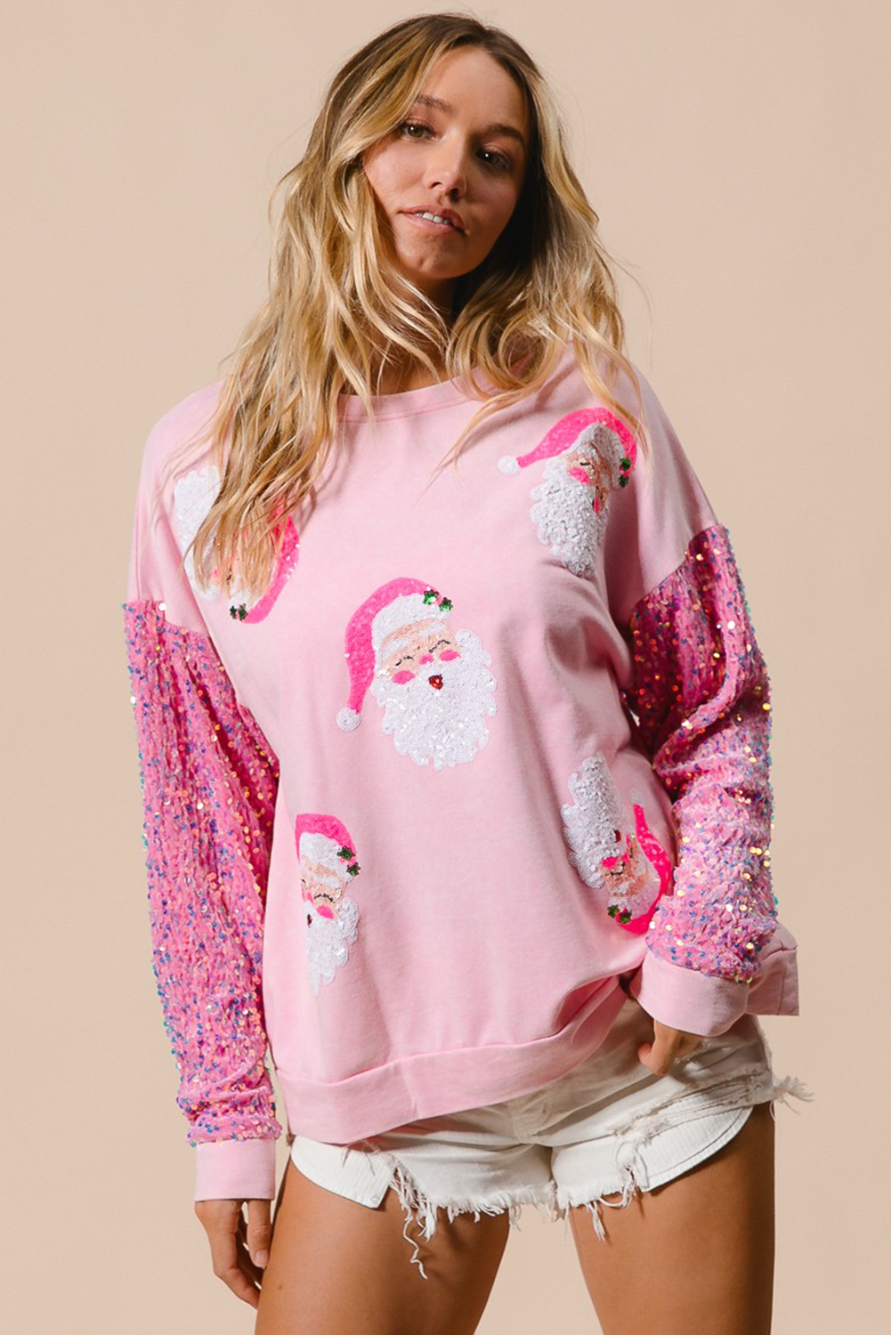 Pink Sequined Santa Claus Long Sleeve Christmas Sweatshirt Sweatshirts & Hoodies JT's Designer Fashion