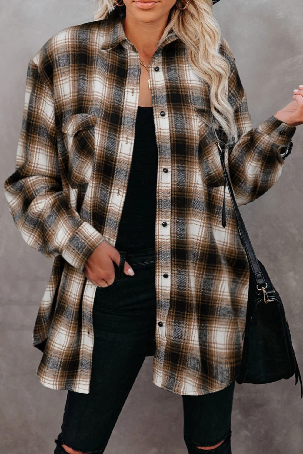 Full Size Plaid Collared Neck Long Sleeve Shirt Coffee Brown Long Sleeve Tops JT's Designer Fashion