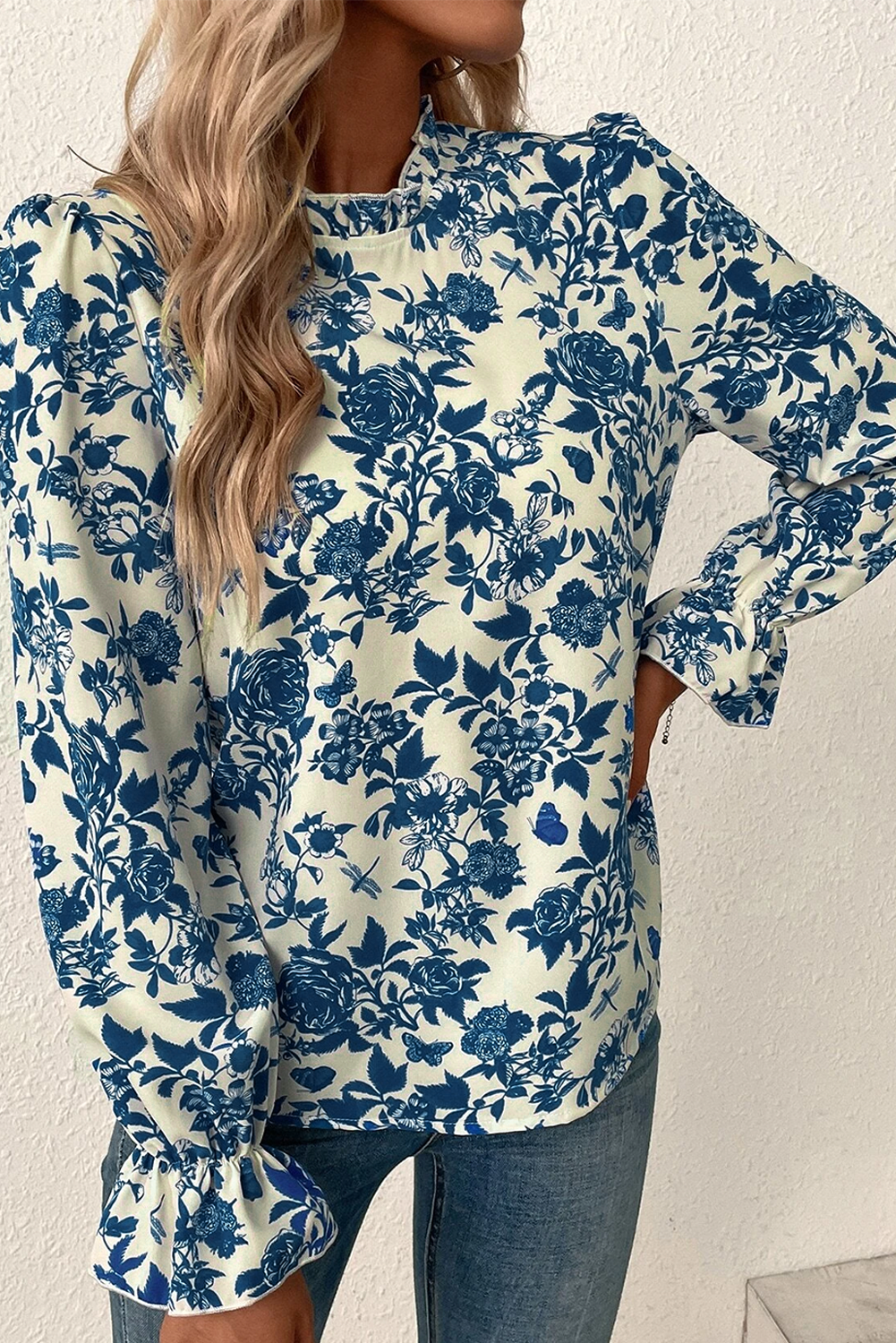 Sky Blue Floral Print Flounce Sleeve Keyhole Back Blouse Blouses & Shirts JT's Designer Fashion